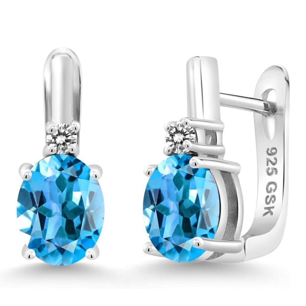 925 Sterling Silver with 4.53 Cttw Swiss Blue Topaz and White Diamond Earrings